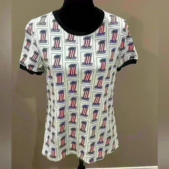 Women’s HARLEY DAVIDSON Allover print #1 logo short sleeve top- Size Large - Picture 2 of 9